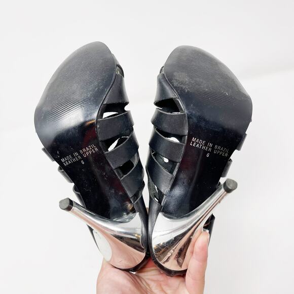 Cathy Jean Brazil 6 Black Leather Strappy Gladiator Heels Stiletto Silver Mirror - Picture 11 of 11